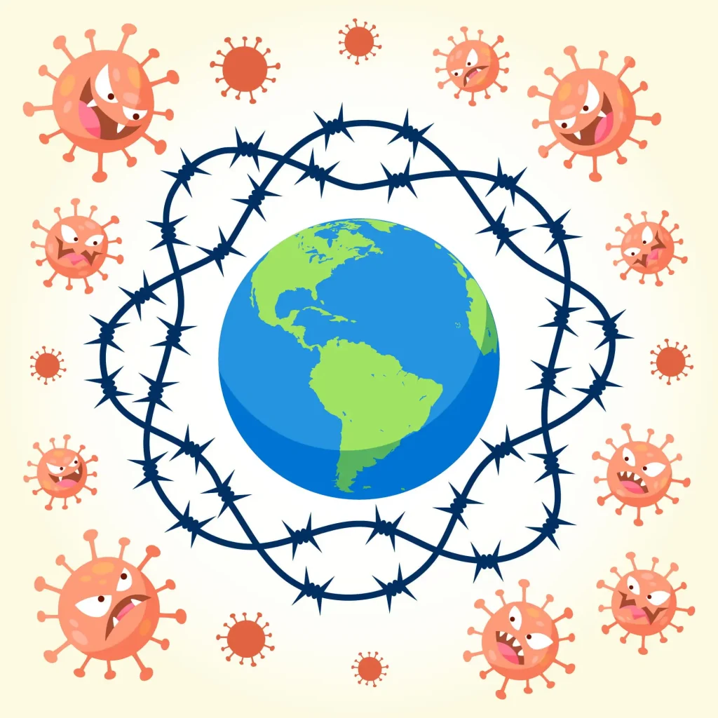 Scientific illustration of viruses viewed under a microscope with global health data and disease monitoring elements in the background.
