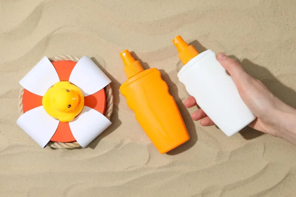 SPF 30 and SPF 50 sunscreen products displayed side by side with UV protection indicators and skincare information.