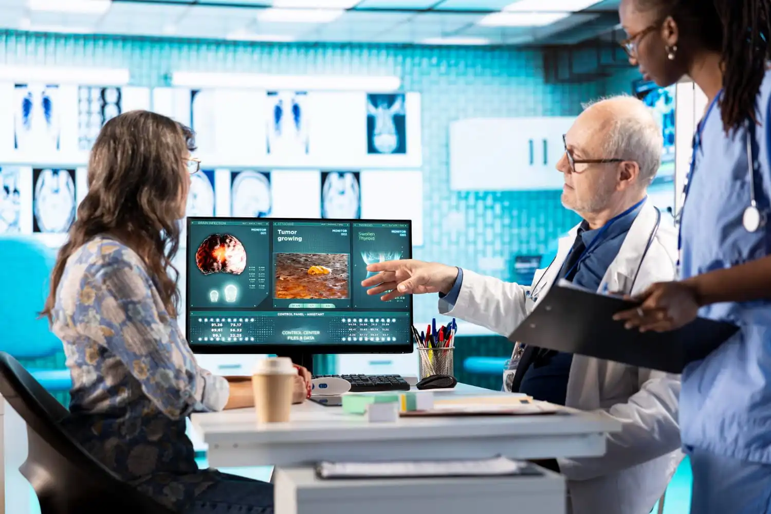 Healthcare information technology dashboard displaying electronic health records, patient management, telemedicine, and clinical data systems.