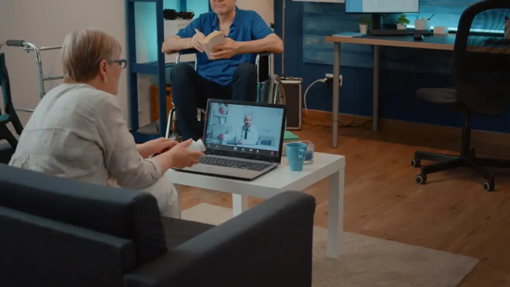 Remote patient monitoring system displaying home health devices, vital sign tracking, and healthcare data on a digital dashboard.