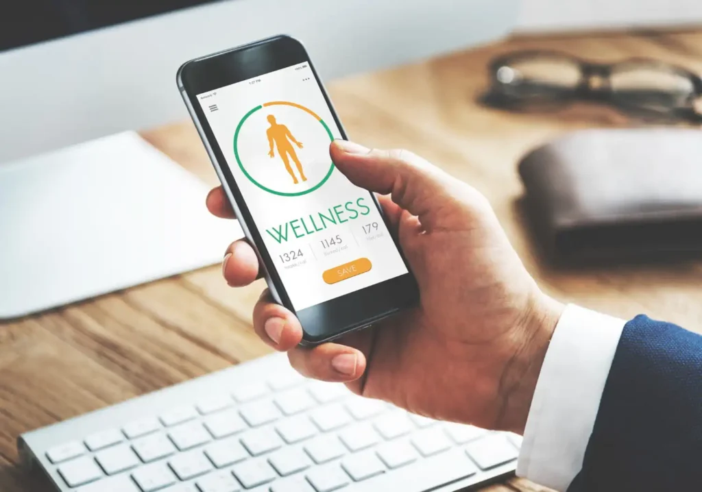 Person using a health tracking app on a smartphone with wellness metrics, privacy settings, and daily health reminders displayed.