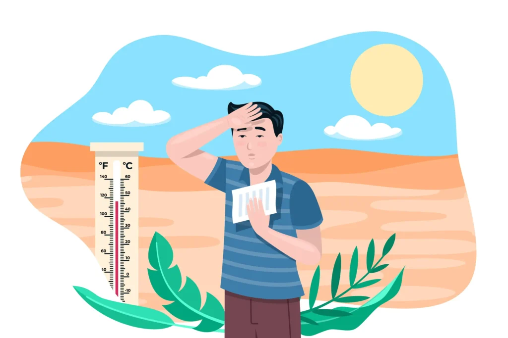 Person experiencing heat illness while receiving first aid, with symptoms of heat exhaustion and heat stroke illustrated in a hot outdoor environment.