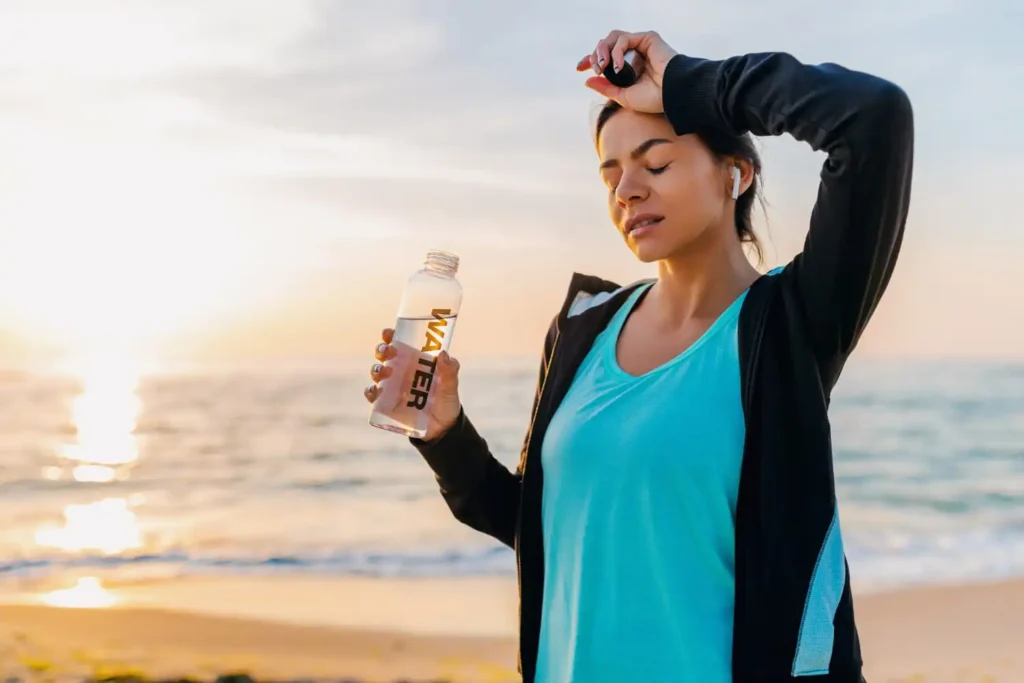 Person drinking water outdoors on a hot summer day with a reusable water bottle, illustrating healthy hydration habits during warm weather.