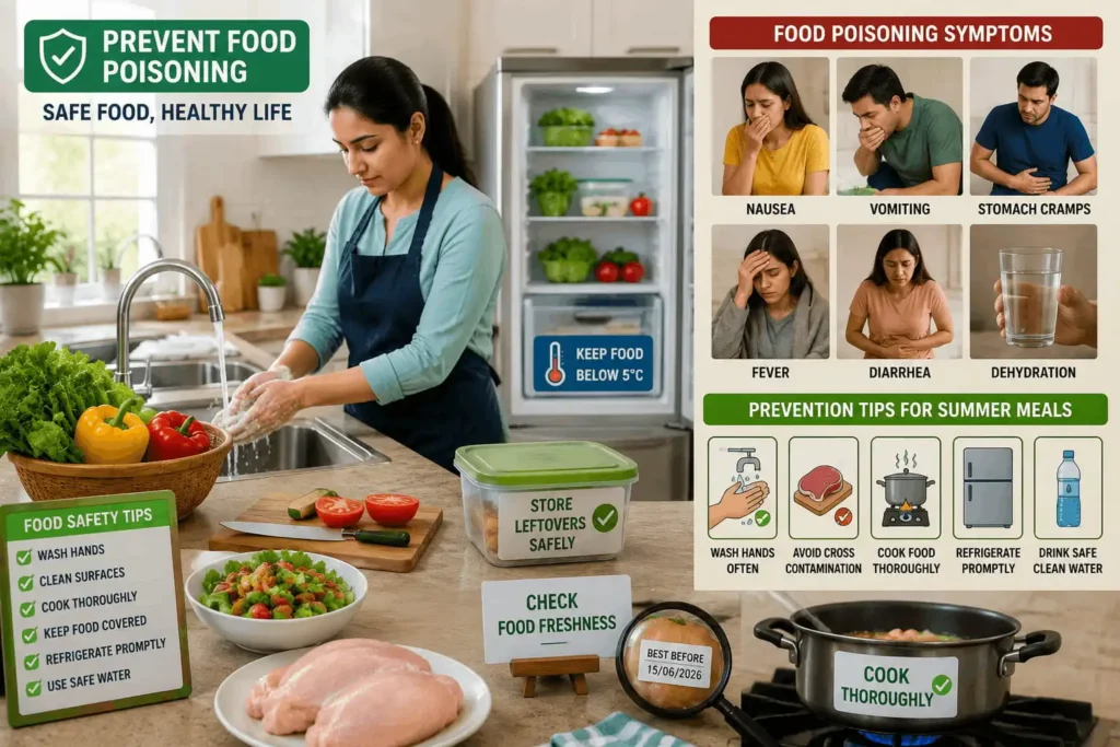 Food Poisoning Symptoms and Prevention: Hygiene Tips for Summer Meals 1 Person preparing fresh food with proper hygiene practices, including handwashing, safe food storage, and checking food freshness to prevent food poisoning.