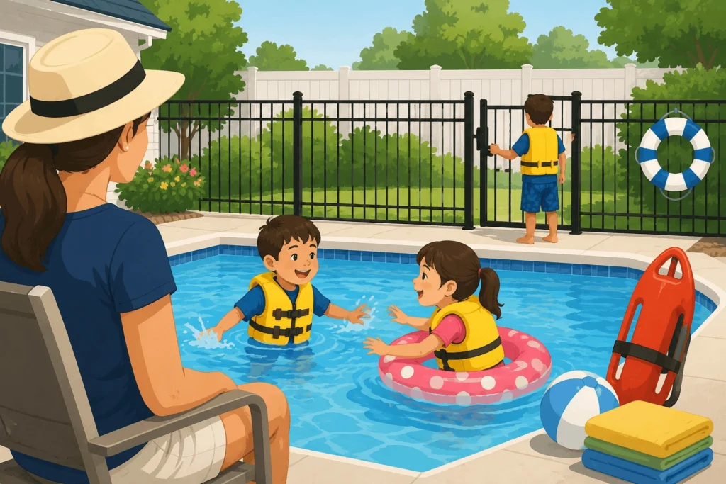 Parent closely supervising children wearing life jackets while playing safely in a swimming pool under adult supervision.