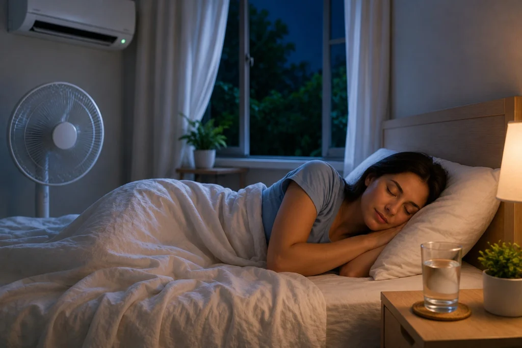 Person sleeping comfortably in a cool bedroom with a fan, open window, light bedding, and a glass of water on the bedside table.