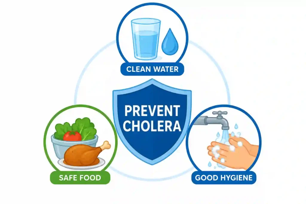 Person washing hands with clean water while using safe drinking water and hygienically prepared food to help prevent cholera during an outbreak.