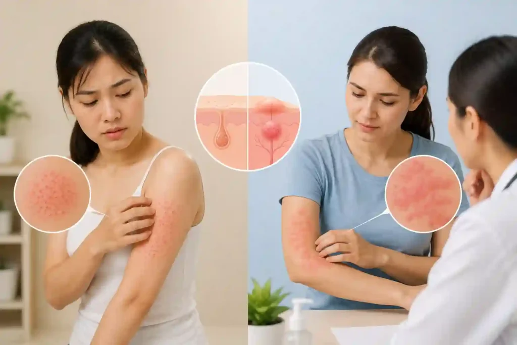 Person examining a red skin rash on their arm while a healthcare professional compares signs of heat rash and an allergic skin reaction.