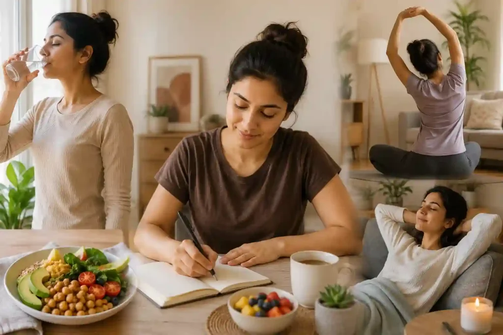 Busy adult practicing self-care at home by drinking water, stretching, journaling, and relaxing with a healthy routine in a calm environment.