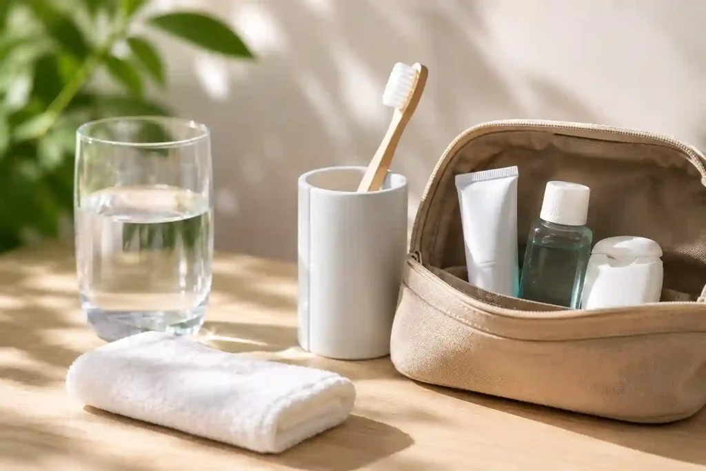 Person practicing summer oral care by drinking water, brushing teeth, and carrying a travel dental kit with a toothbrush and toothpaste.