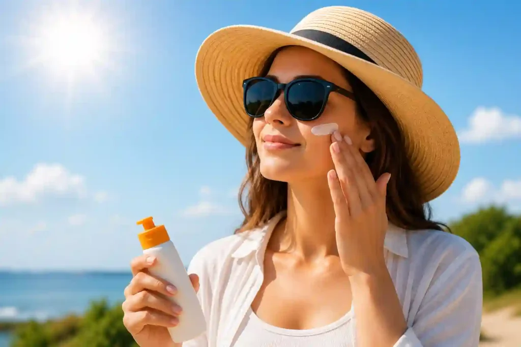 Person wearing sunglasses, a wide-brim hat, and applying sunscreen while outdoors on a sunny day to protect against harmful UV rays.