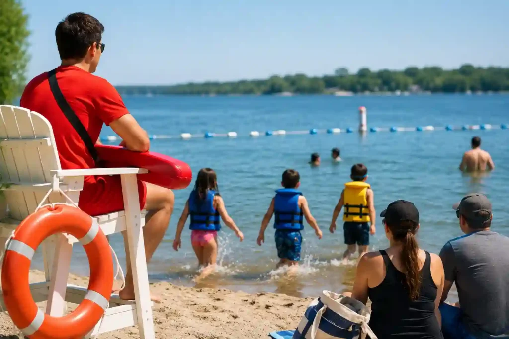 Lifeguard watching children wearing life jackets near a supervised swimming area while families enjoy a safe day at the beach.