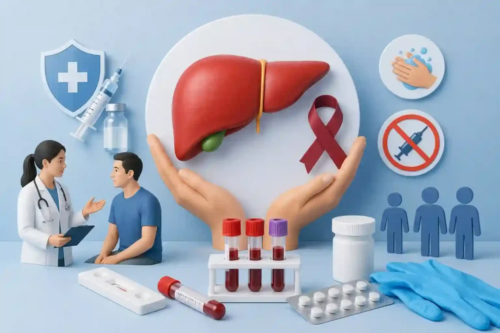 Healthcare professional discussing hepatitis prevention with a patient, alongside medical testing supplies, vaccination materials, and liver health awareness symbols.