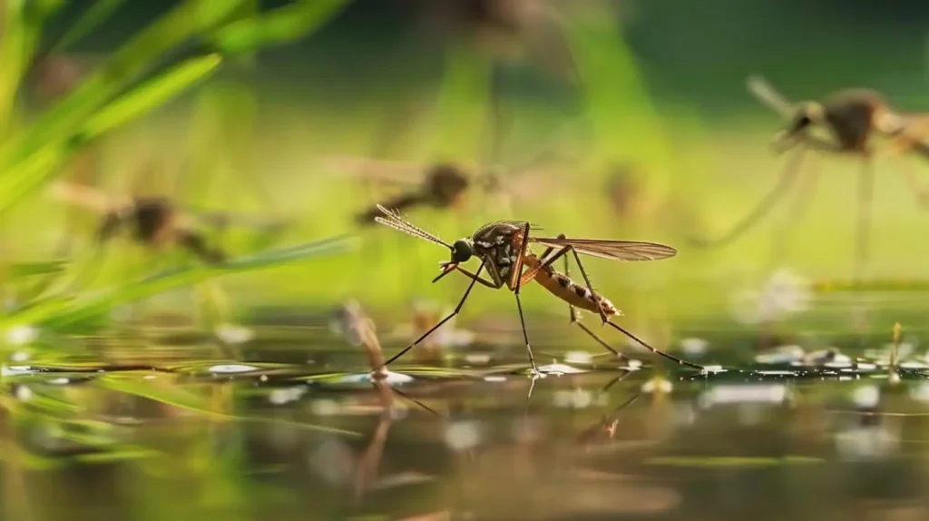 Stagnant water collecting in containers and drains around a home, creating potential mosquito breeding sites.