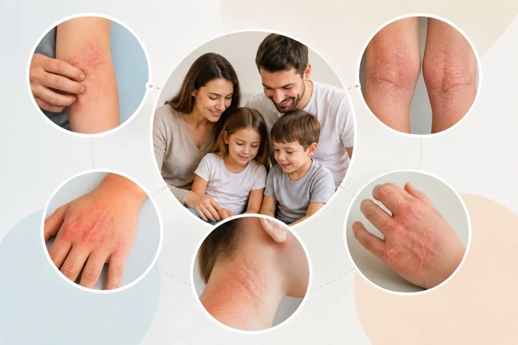 Family-friendly illustration showing common eczema symptoms, including dry, red, itchy, and irritated skin on different areas of the body.