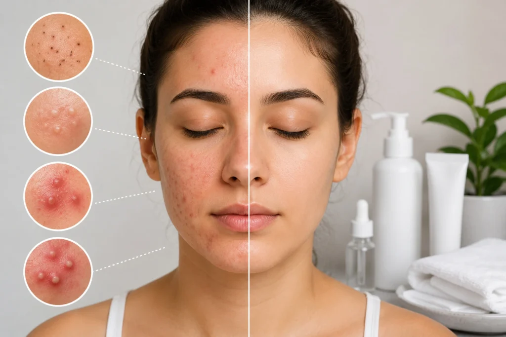 Adult with acne-prone skin showing common acne types, including blackheads, whiteheads, red pimples, and inflamed blemishes.