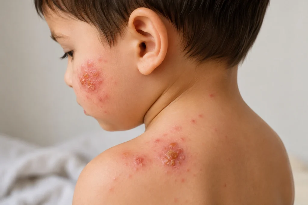 Child with visible signs of a bacterial skin infection, including redness, swelling, irritation, and crusted skin patches.