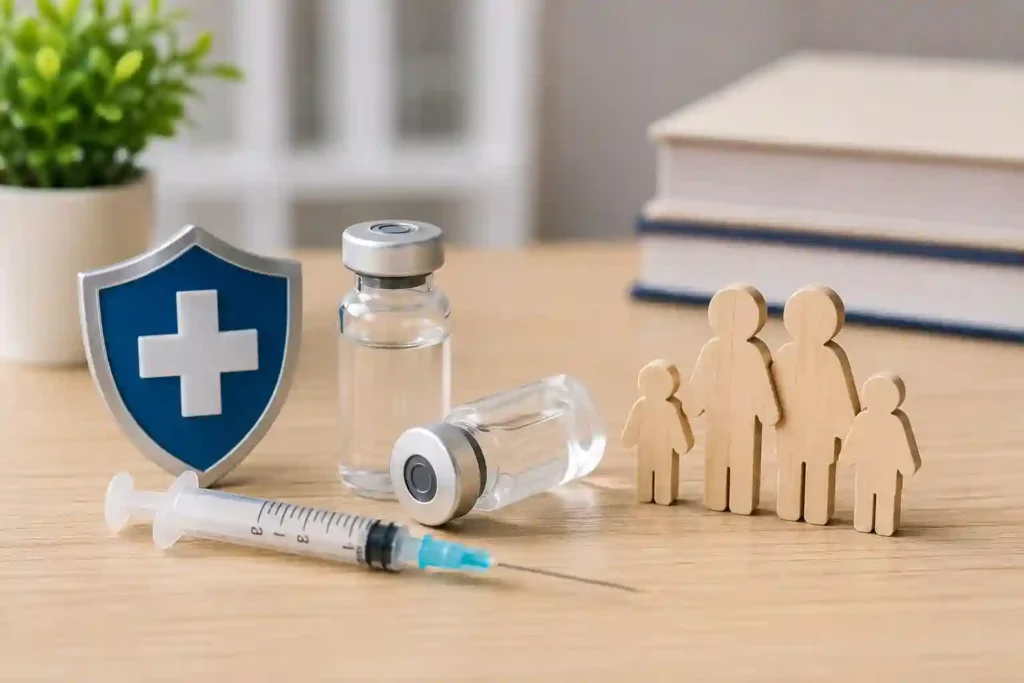 Adult vaccination supplies including vaccine vials, syringe, protective shield, and family health symbols representing age-based immunization and preventive healthcare.