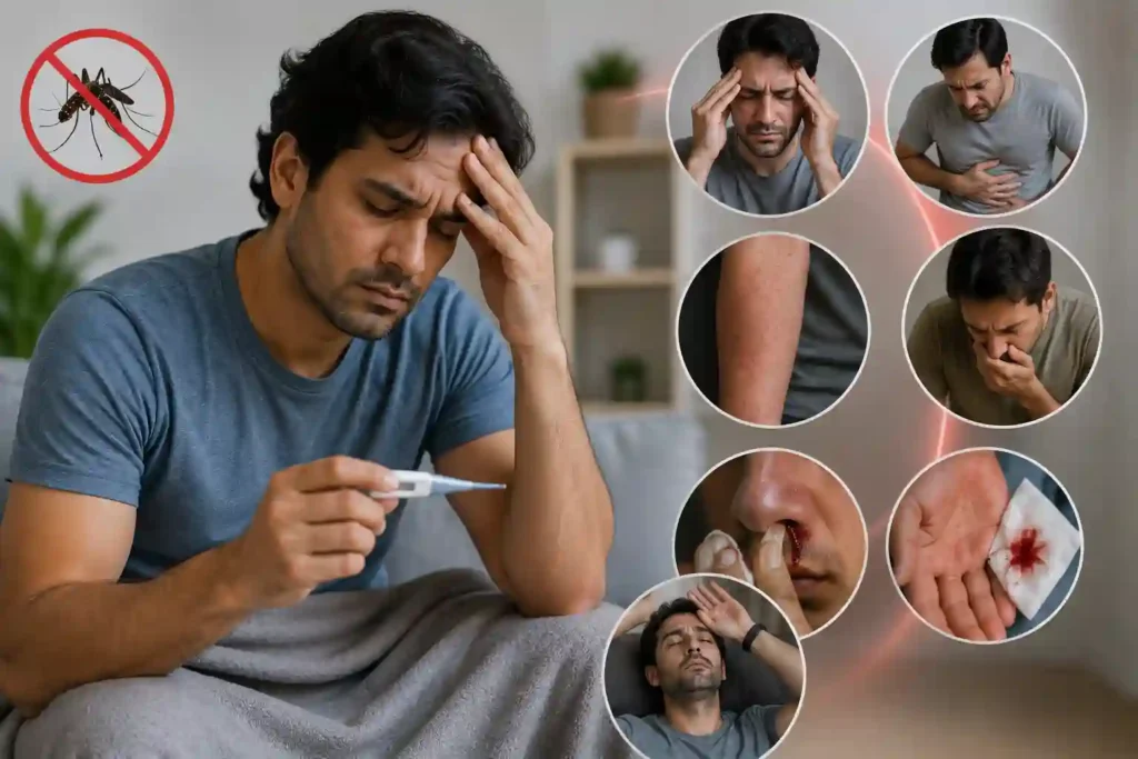 Adult with dengue warning signs, including high fever, severe headache, abdominal pain, and signs of weakness requiring medical attention.