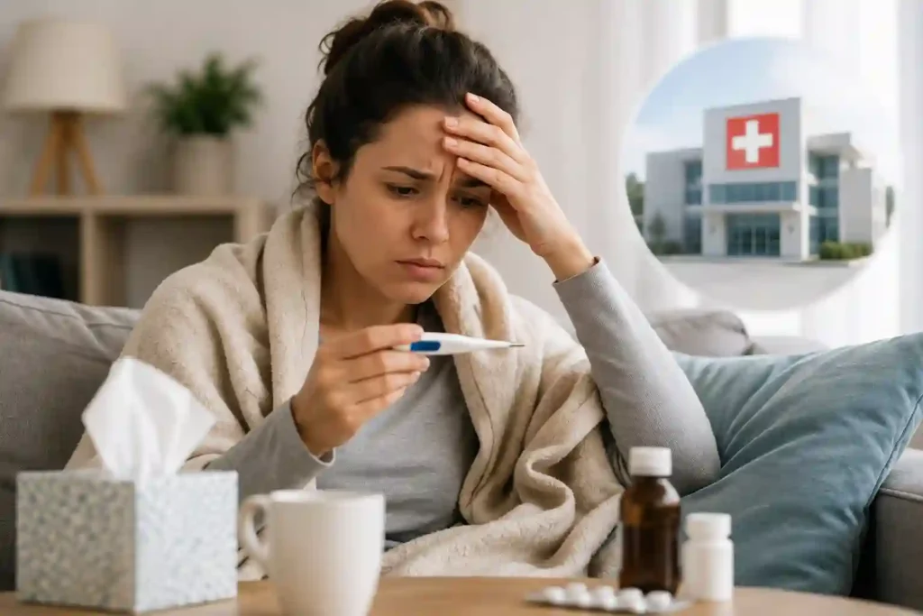 Adult with a fever checking symptoms and deciding whether urgent medical care is needed.