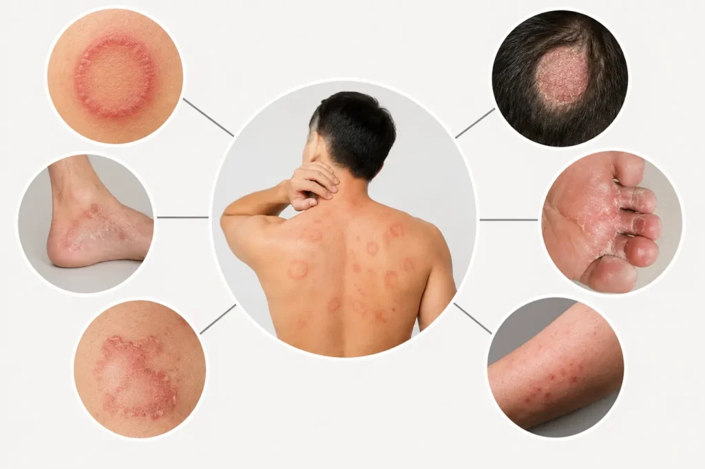 Illustration of common fungal skin infections, including ringworm and athlete’s foot, showing typical areas affected on the body.