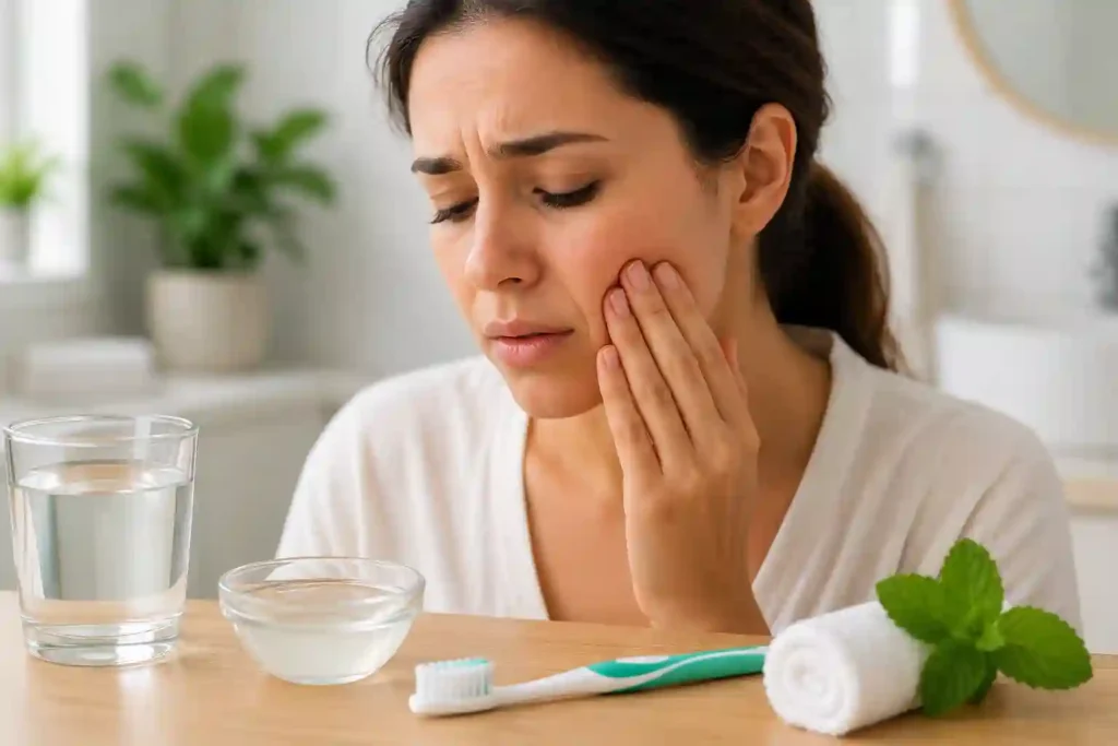 Person practicing gentle oral hygiene and home care for swollen gums before a dental visit.
