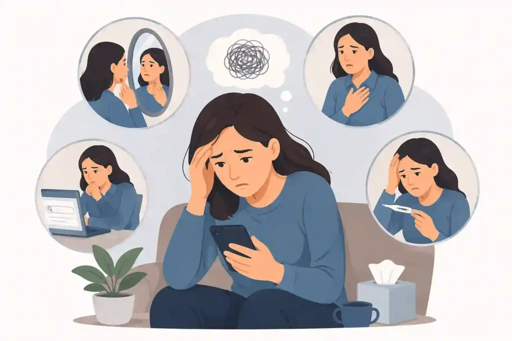 Person experiencing health anxiety while repeatedly checking symptoms and seeking reassurance about possible illness.