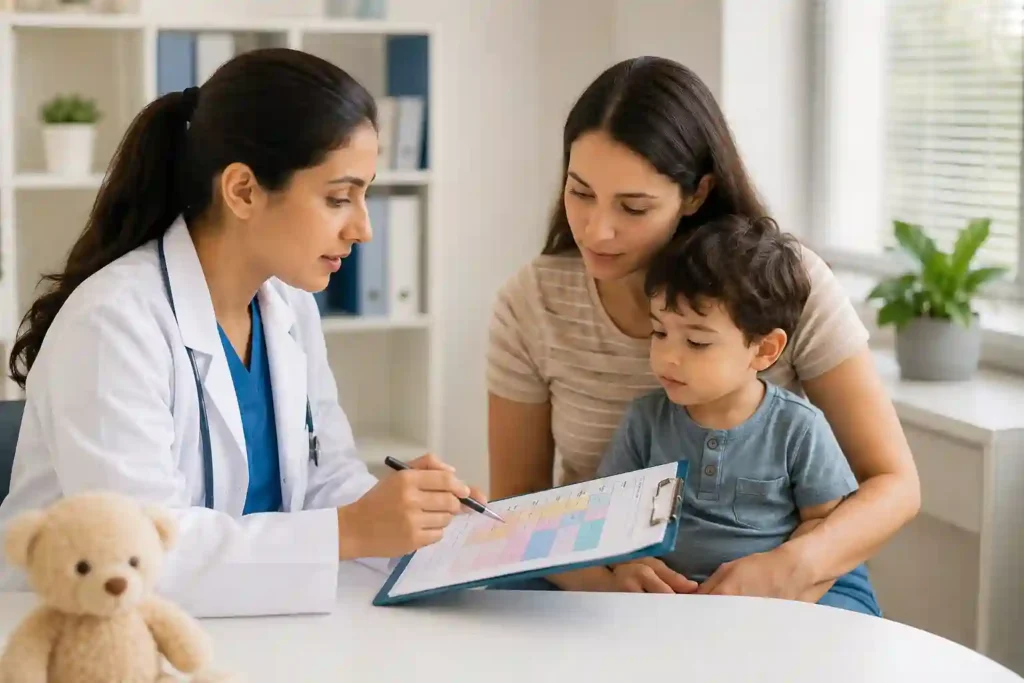 Parent consulting a pediatrician about a missed child vaccine schedule while reviewing an immunization record and planning catch-up vaccinations.