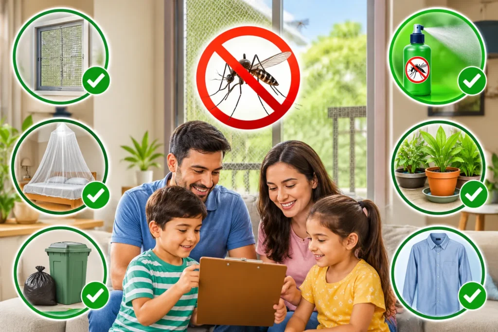 Family using mosquito prevention measures at home, including window screens, protective clothing, mosquito nets, and covered water containers.