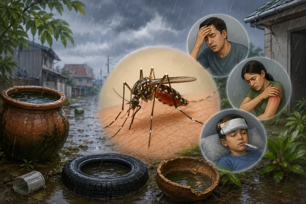 Mosquito near standing water during rainy season, illustrating the spread of dengue, malaria, and chikungunya.