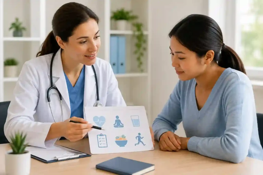 Healthcare professional explaining clear, easy-to-understand patient education information to a patient using simple visual materials.