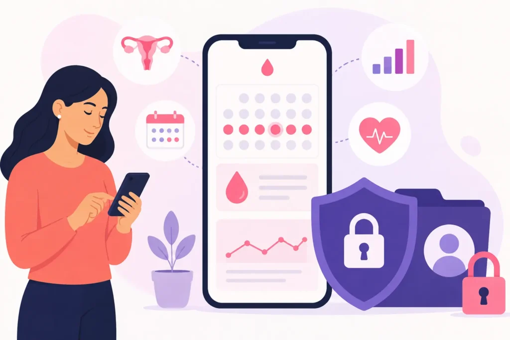 Person using a period tracker app on a smartphone to monitor menstrual cycle dates, symptoms, and personal health information.