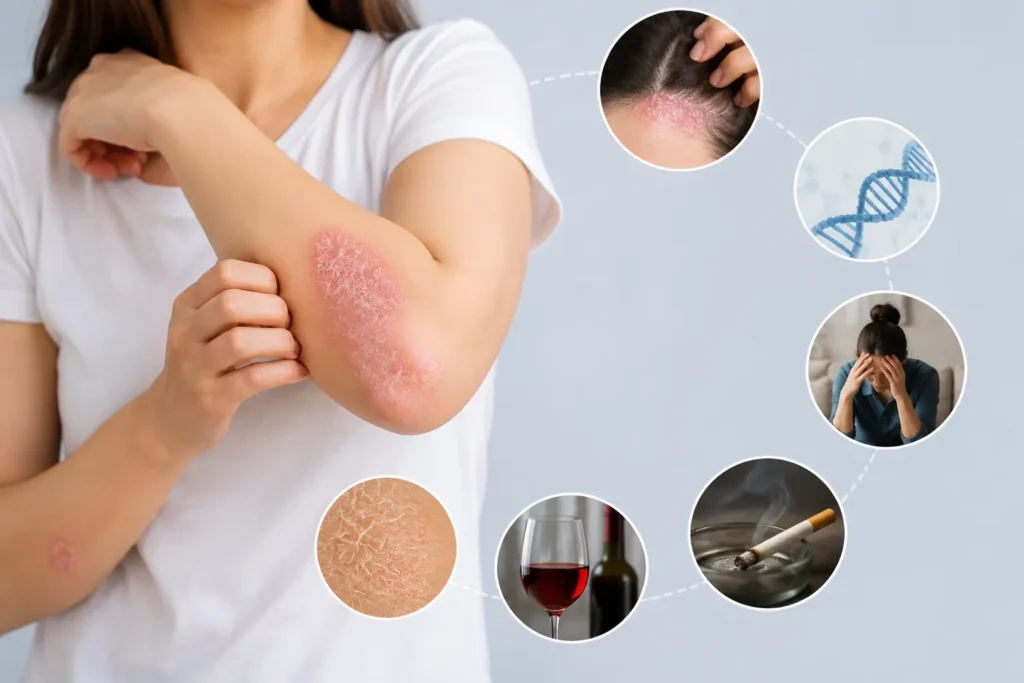 Adult with visible psoriasis symptoms, including red, raised, scaly skin patches on the elbow and forearm.