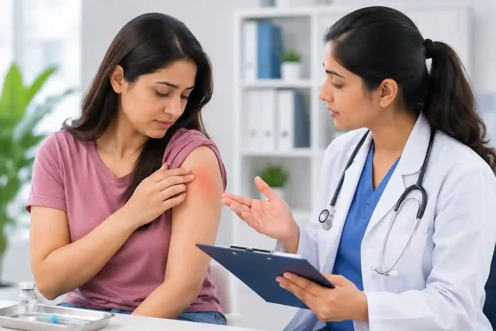 Adult experiencing a mild vaccine side effect while a healthcare professional checks for signs of an allergic reaction.