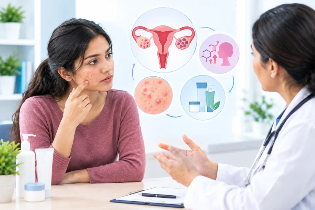 Woman with acne discussing PCOS-related hormonal skin changes and treatment options with a healthcare professional.