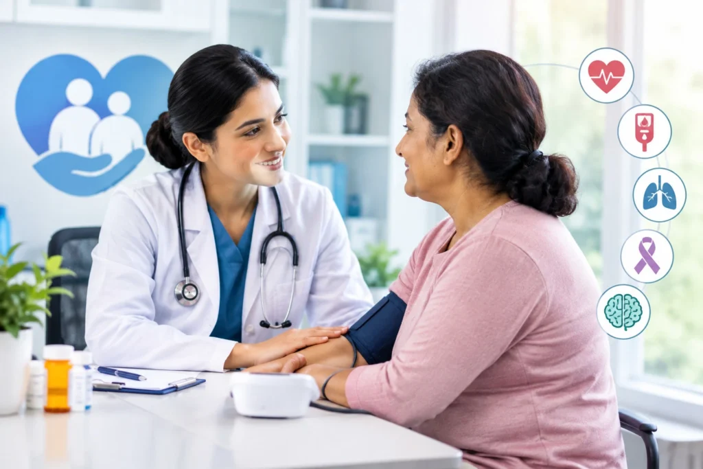 Healthcare professional providing safe, patient-centered care to a person managing a noncommunicable disease.
