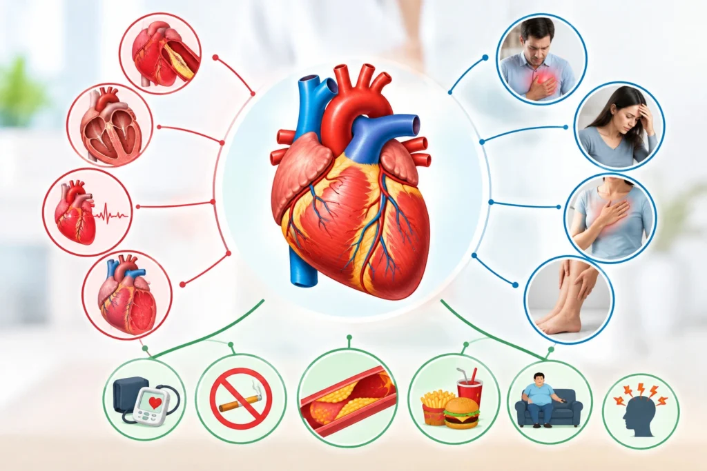 Medical illustration showing common types of heart disease, associated symptoms, and cardiovascular risk factors.