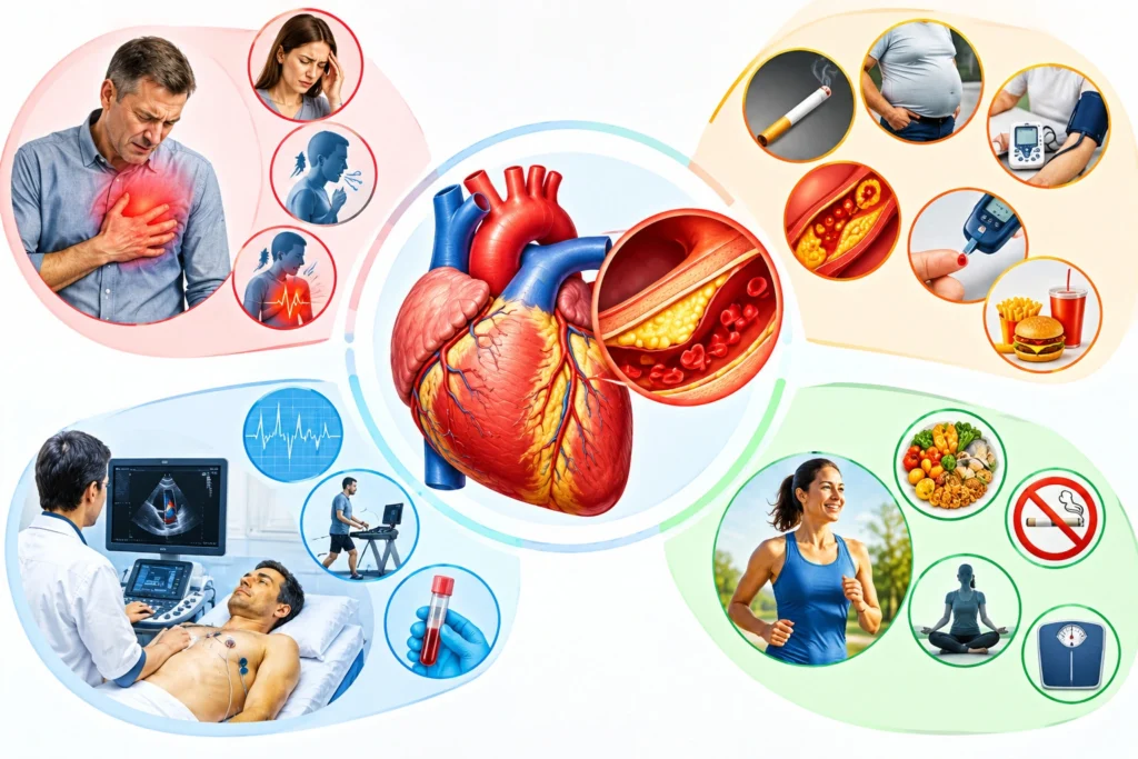 Medical illustration showing coronary artery disease symptoms, cardiovascular risk factors, heart testing, and prevention strategies.