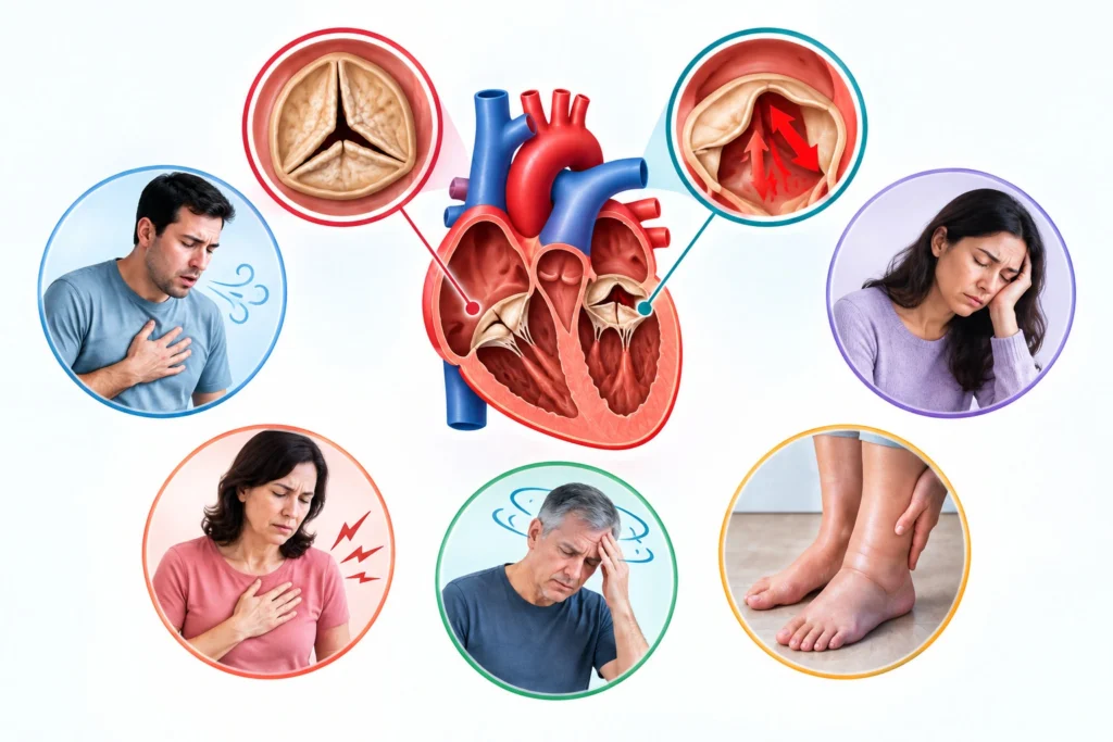 Medical illustration showing heart valve disease symptoms, including stenosis, regurgitation, shortness of breath, fatigue, and chest discomfort.