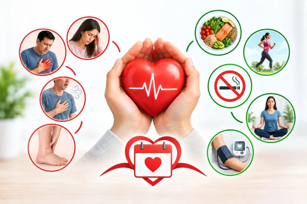 Heart health visual highlighting warning signs of heart disease, healthy lifestyle habits, and the importance of protecting cardiovascular health.