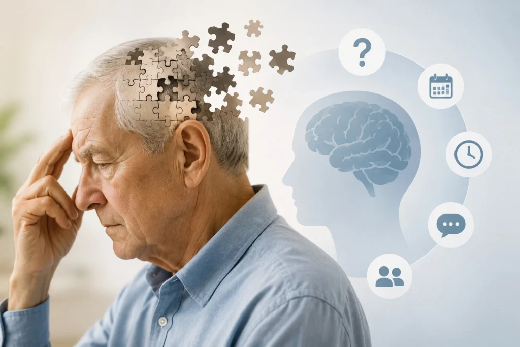 Older adult experiencing early memory changes while discussing possible Alzheimer’s disease warning signs with a healthcare professional.