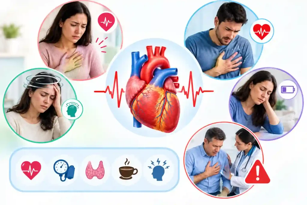 Medical illustration showing arrhythmia symptoms such as palpitations, fast heartbeat, dizziness, and irregular heart rhythm.
