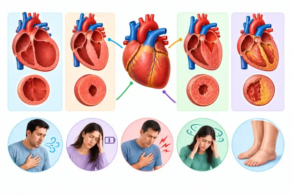 Medical illustration showing cardiomyopathy types and symptoms, including dilated, hypertrophic, restrictive, and other forms of heart muscle disease.