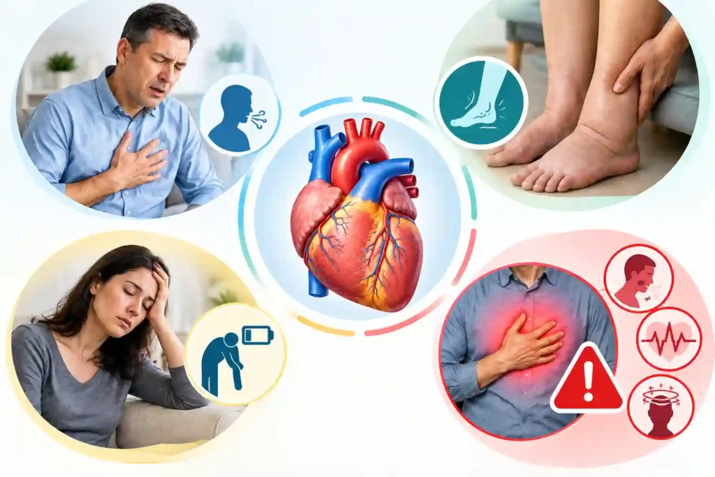 Medical illustration showing early heart failure symptoms, including breathlessness, swelling, fatigue, and warning signs.
