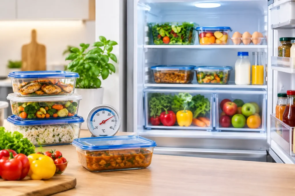 Food storage safety with properly refrigerated leftovers and organized containers to help prevent food poisoning.
