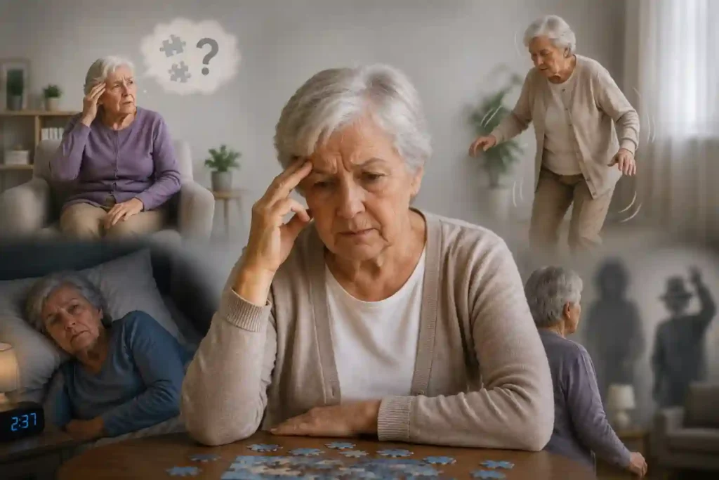 Older adult experiencing Lewy body dementia symptoms, including cognitive changes, movement difficulties, sleep problems, and visual hallucinations.