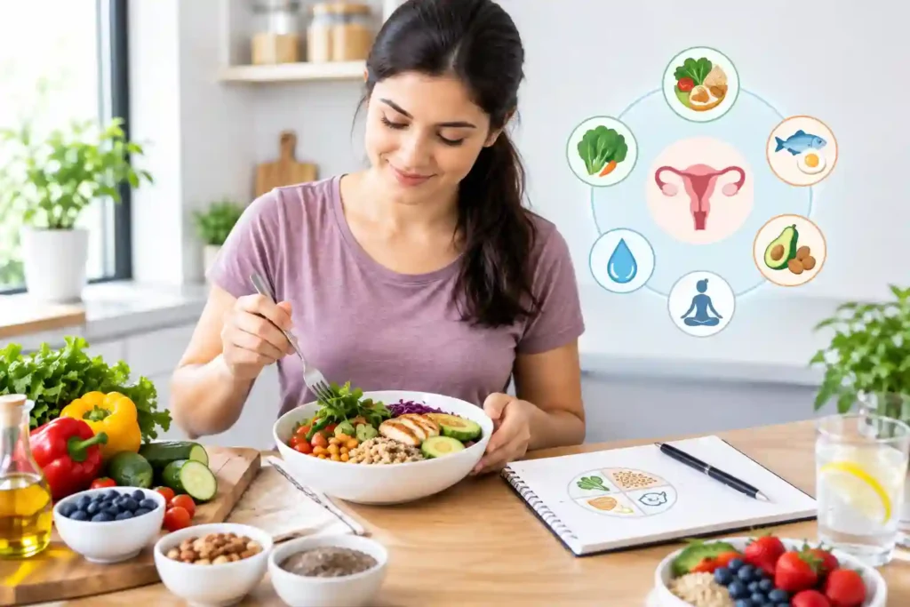Woman preparing a balanced meal while learning about a beginner-friendly PCOS diet and healthy eating habits.