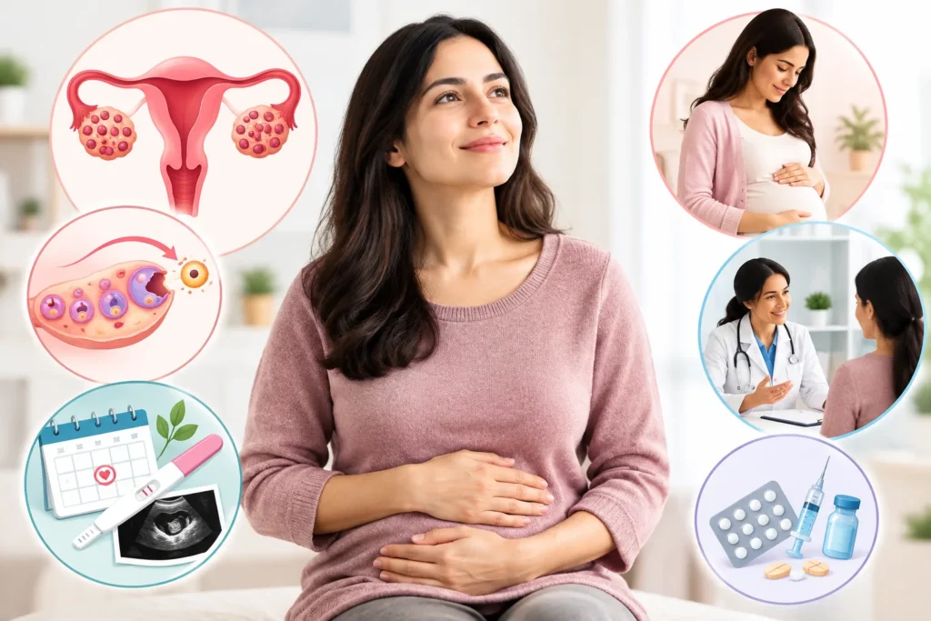 Woman discussing PCOS and fertility, ovulation, pregnancy planning, and treatment options with a healthcare professional.