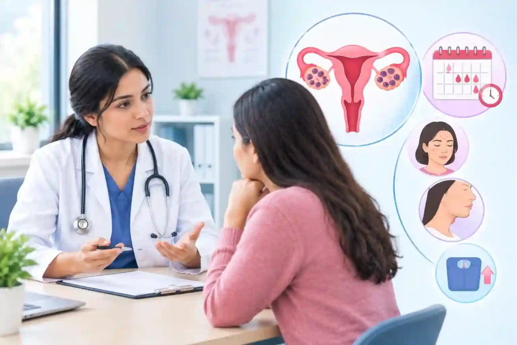 Woman discussing irregular periods related to polycystic ovary syndrome (PCOS) with a healthcare professional during a medical consultation.