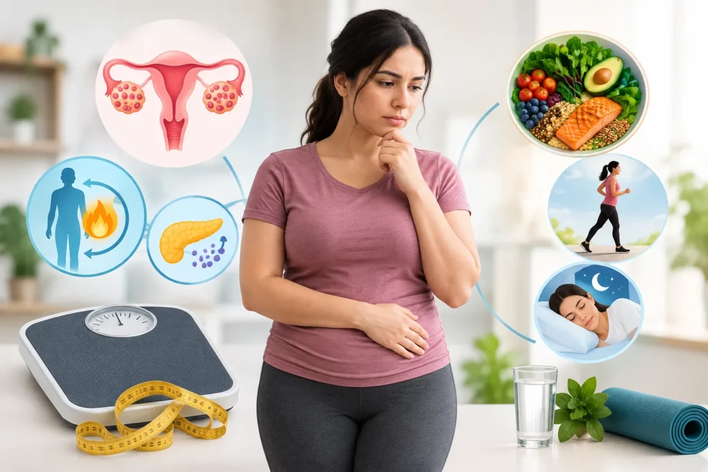 Woman discussing PCOS weight gain, metabolism, insulin resistance, and healthy weight-management goals with a healthcare professional.